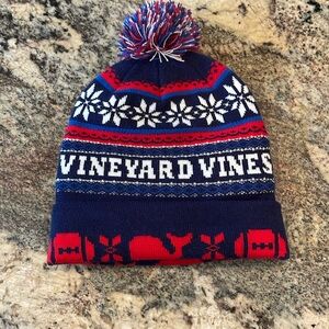 Vineyard Vines stocking hat with ball on top, one size, navy, red, white